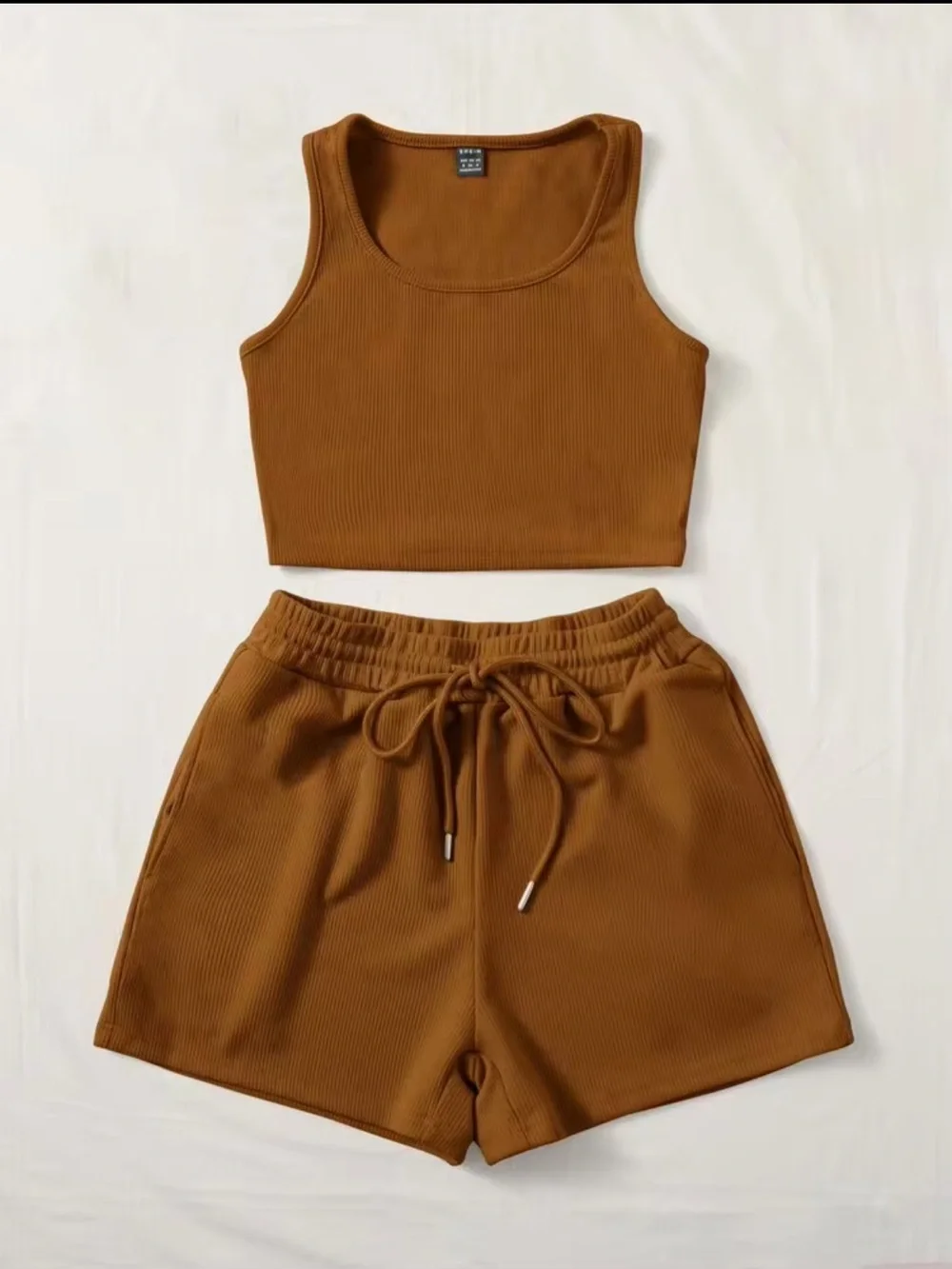 SHEIN Ribbed Drawstring Athletic Shorts in Brown